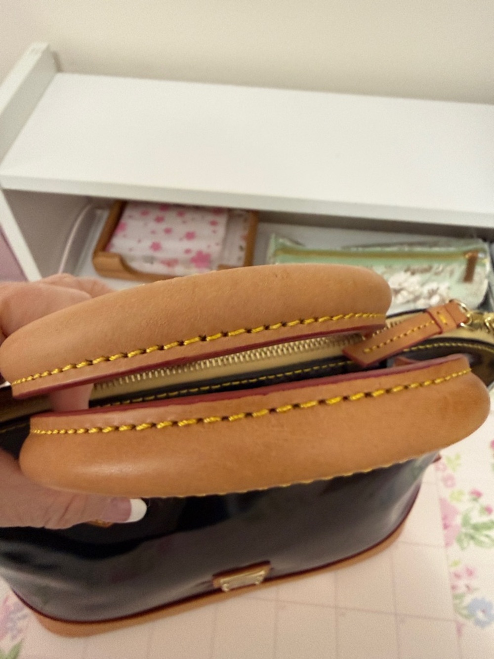 Dooney & Bourke Black Patent Satchel with Tan Trim - Picture 3 of 10